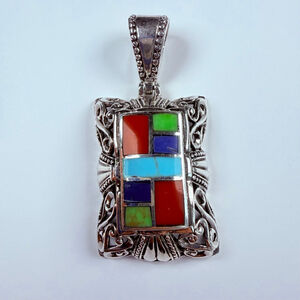 Southwestern Multi Gemstone Inlay Mosaic Sterling Silver Vintage Shield Pendant